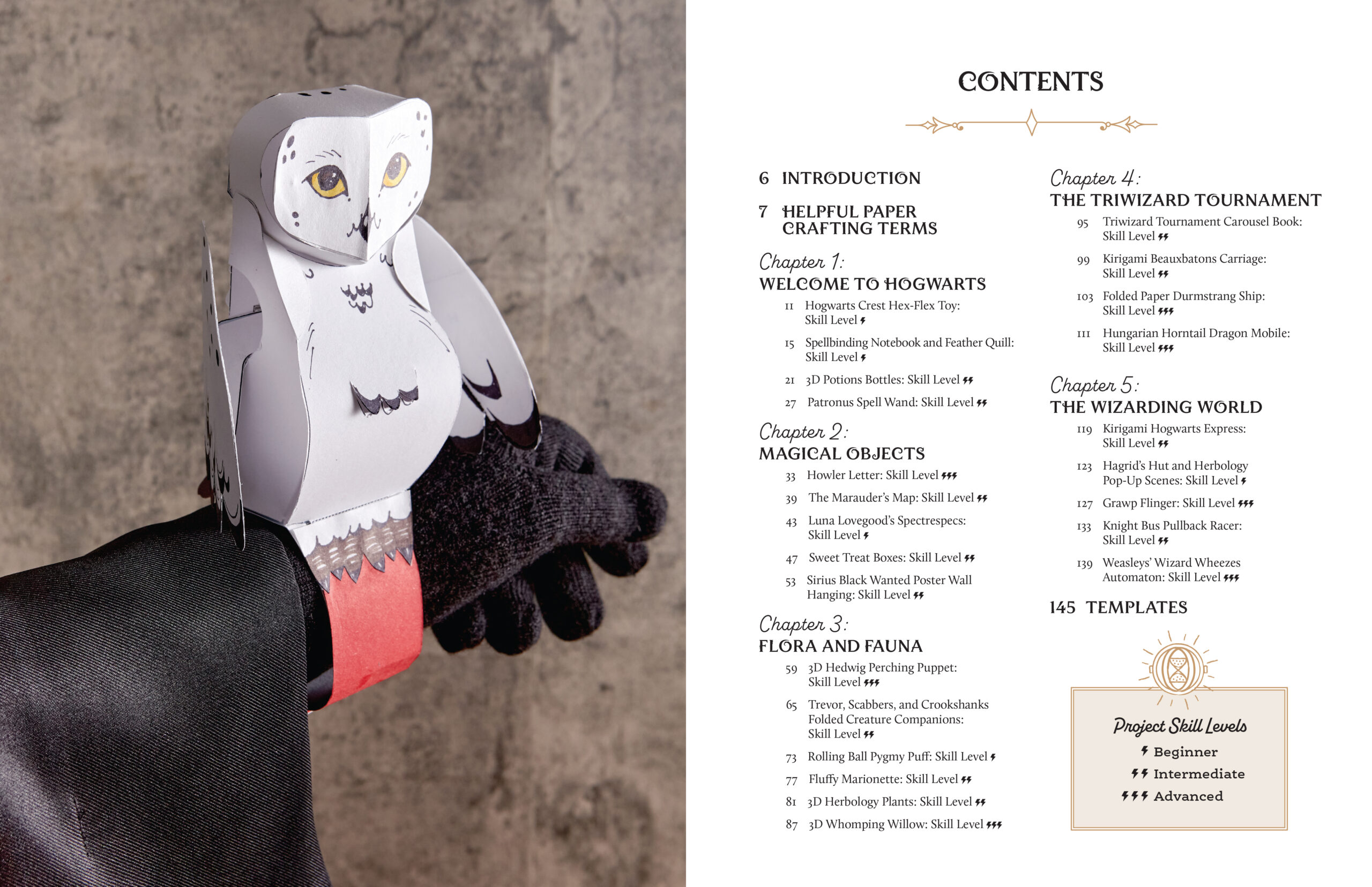 The table of contents of “Harry Potter: Magical Paper Crafts” lists the crafts featured in the book.