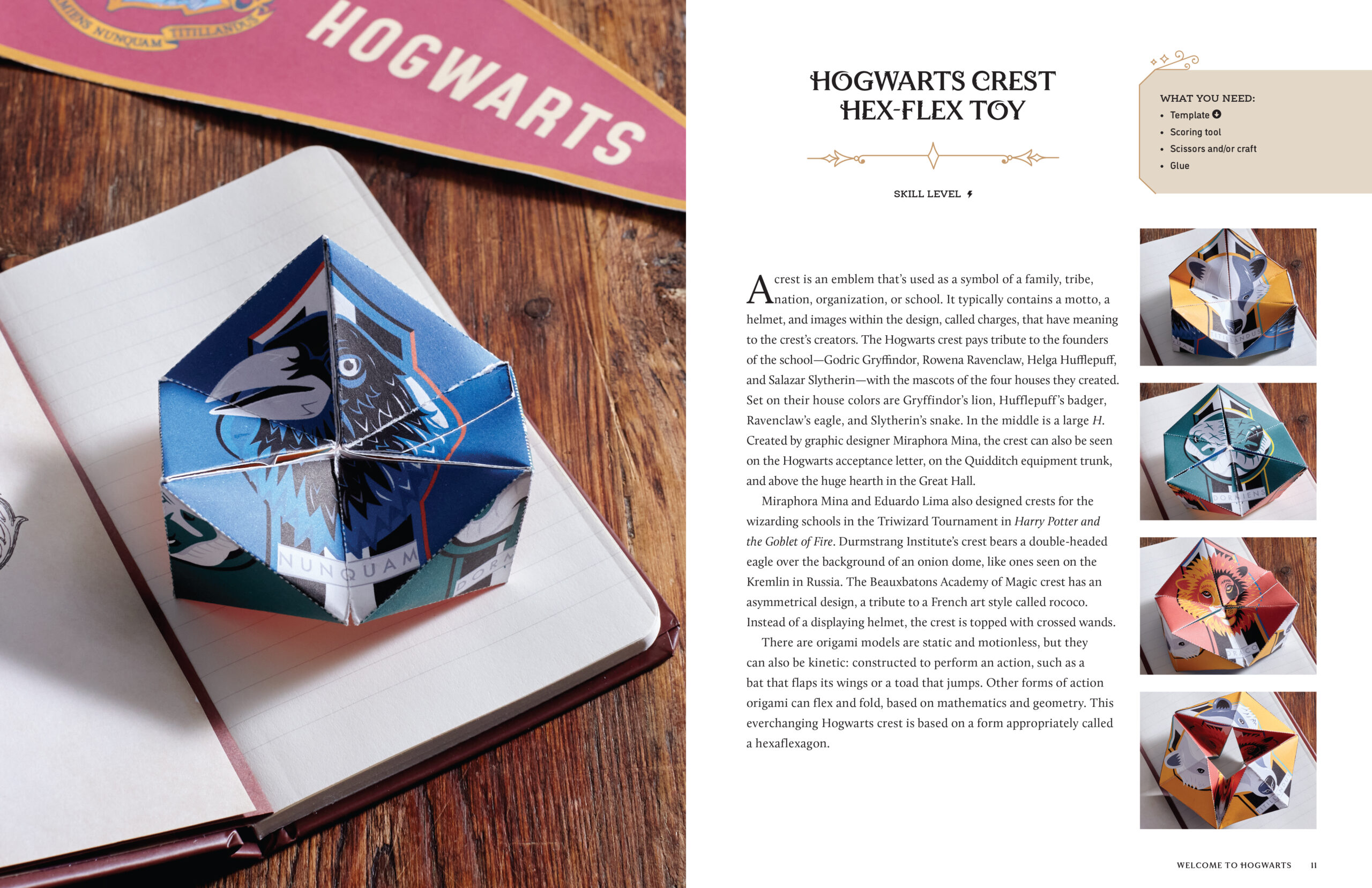 “Harry Potter: Magical Paper Crafts” features a Hogwarts crest hex-flex toy craft.
