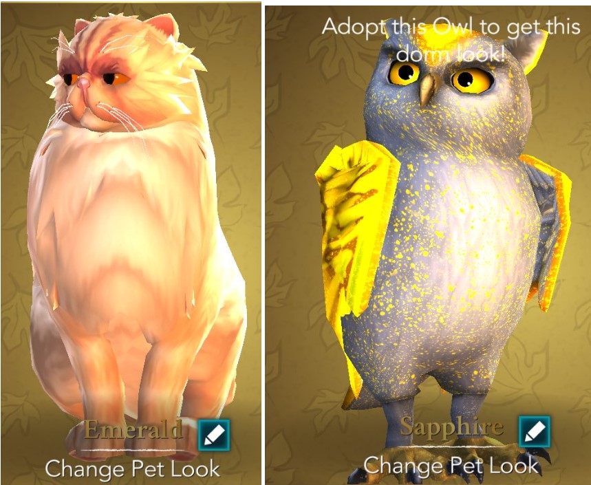 Crookshanks pet look and Thunderbird owl look in "Harry Potter: Hogwarts Mystery"