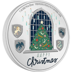 "Harry Potter" Season's Greetings 2022 silver coin features a Christmas tree in the Great Hall and all four Hogwarts House crests.