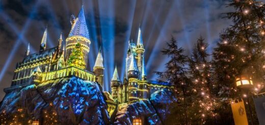 The Hogwarts Castle within Universal Studios Hollywood during The Magic of Christmas at Hogwarts Castle light show.