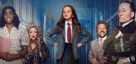 Emma Thompson, Stephen Graham, Alisha Weir, Katherine Kingsley, and Andrea Riseborough in character in promotional image for "Matilda the Musical"