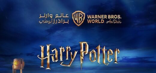 An image showing the Harry Potter logo against a dark blue sky to announce the "Harry Potter"-themed land at Warner Bros World.