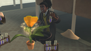 A Hufflepuff character uses a potion to grow a plant the magical way in "Hogwarts Mystery."