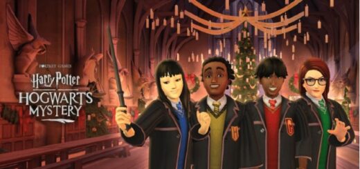 Harry Potter: Hogwarts Mystery characters pose in front of a Christmas tree