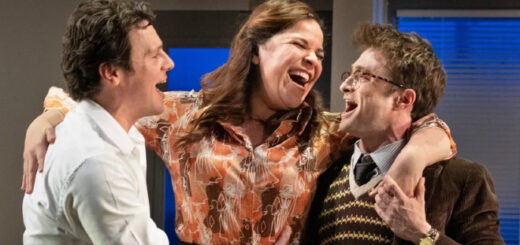 Johnathan Groff, Lindsay Mendez, and Daniel Radcliffe as their characters in "Merrily We Roll Along."