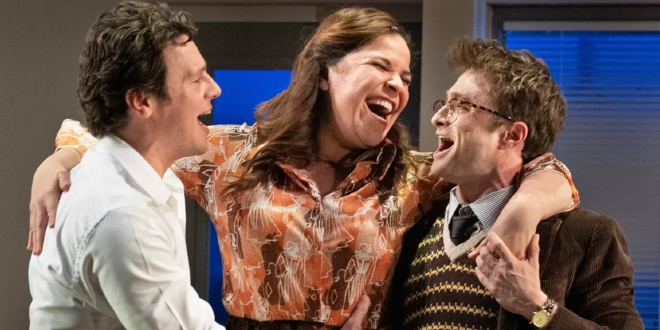 Johnathan Groff, Lindsay Mendez, and Daniel Radcliffe as their characters in "Merrily We Roll Along."
