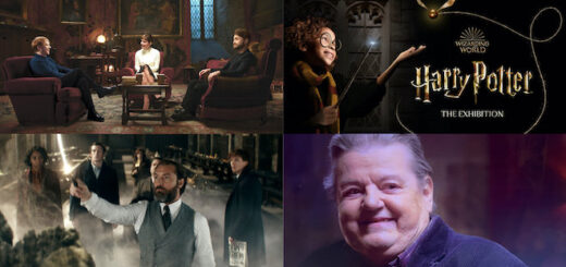 A collage of four of the top news stories from 2022. Top left is "Harry Potter 20th Anniversary: Return to Hogwarts," bottom left is "Fantastic Beasts: The Secrets of Dumbledore," top right is "Harry Potter: The Exhibition," and bottom right is a photo of Robby Coltrane who played Hagrid in the "Harry Potter" movies.