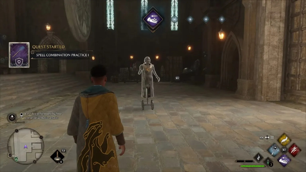 A screenshot of "Hogwarts Legacy" as a character practices spell combinations.