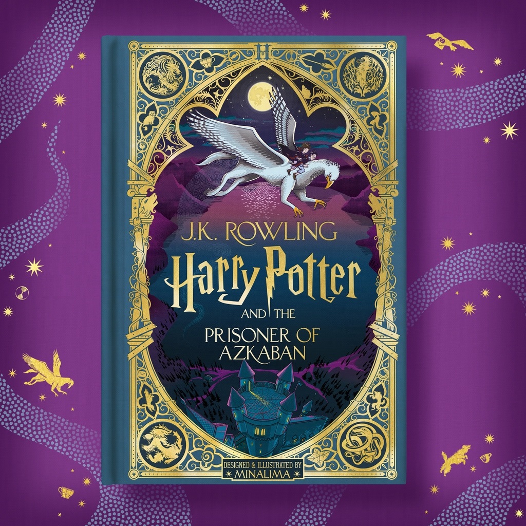 Harry Potter and the Prisoner of Azkaban MinaLima illustrated edition cover against purple background