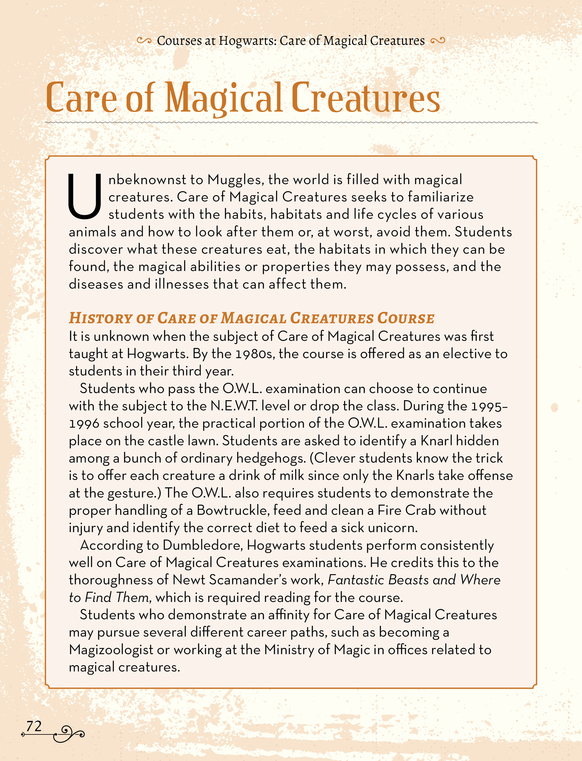 Care of Magical Creatures page from “The Ultimate Wizarding World Guide to Magical Studies”
