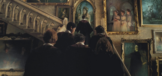 Gryffindor students approaching the Fat Lady's portrait on the staircase
