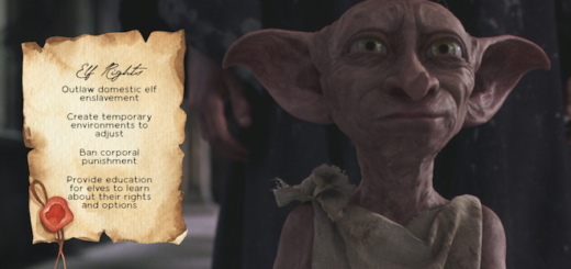 Parchment with proposals for elf rights next to an image of Dobby