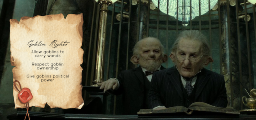 Parchment with proposals for goblin rights next to an image of two Gringotts goblins
