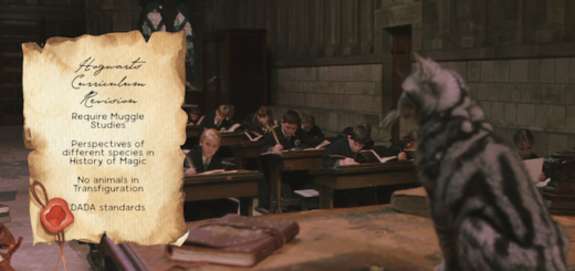 Parchment with proposals for Hogwarts Curriculum revisions with an image of McGonagall in cat form in front of her classroom
