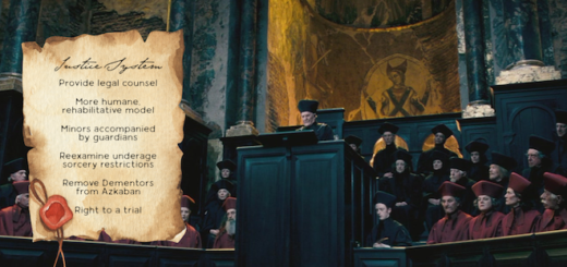Parchment with proposals for justice system reform next to an image of the Wizengamot