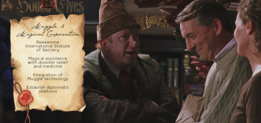 Proposals for Muggle and Magical Cooperation on parchment next to an image of Arthur Weasley with Hermione's parents