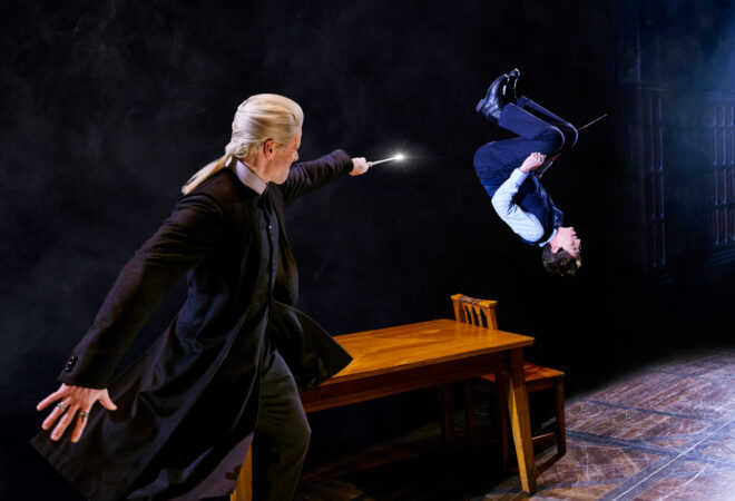 New production shot of Aaron Bartz and Steve Haggard as Draco Malfoy and Harry Potter