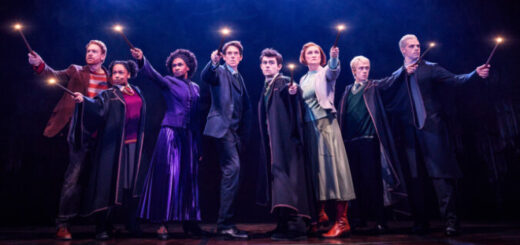 New production shot of the current "Cursed Child" Broadway cast: David Abeles (Ron Weasley), Maya Olivia Thomas (Rose Granger-Weasley), Jenny Jules (Hermione Granger), Steve Haggard (Harry Potter), Joel Meyers (Albus Potter), Angela Reed (Ginny Potter), Erik C. Peterson (Scorpius Malfoy), and Aaron Bartz (Draco Malfoy)