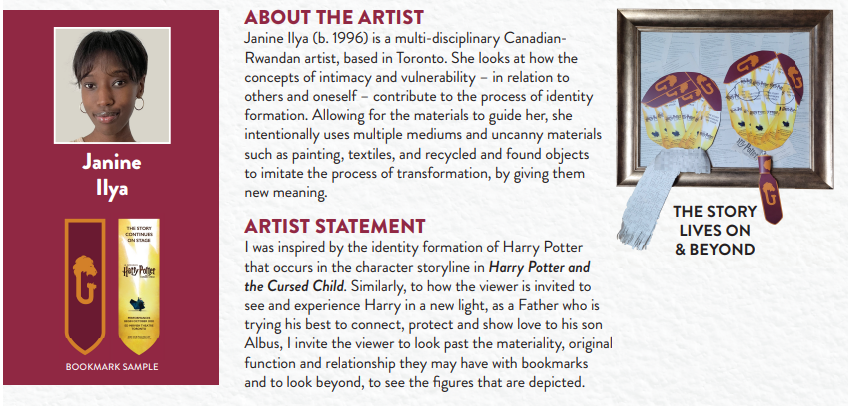 The image contains a picture of the artist, paragraphs detailing "About the Artist" and "Artist Statement," and a photo of the Harry Potter-themed paper statue.