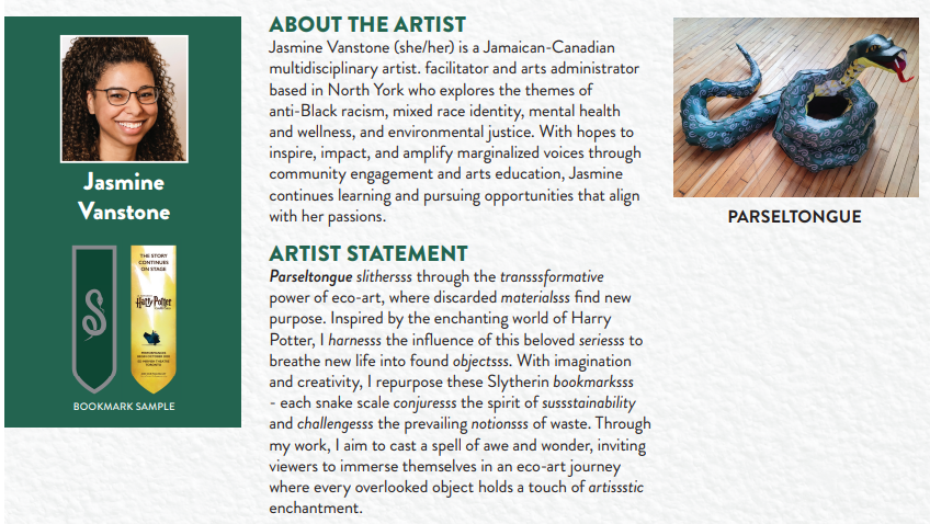 The image contains a picture of the artist, paragraphs detailing "About the Artist" and "Artist Statement," and a photo of the serpent-themed paper statue.