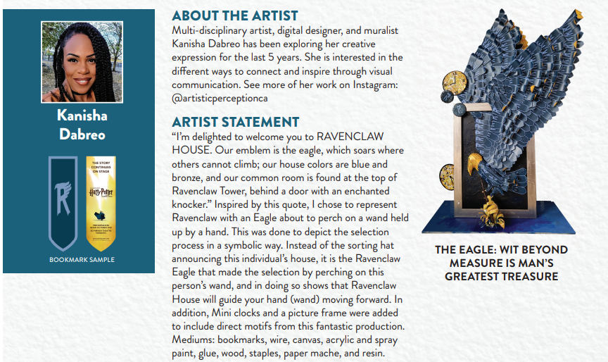 The image contains a picture of the artist, paragraphs detailing "About the Artist" and "Artist Statement," and a photo of the eagle-themed paper statue.