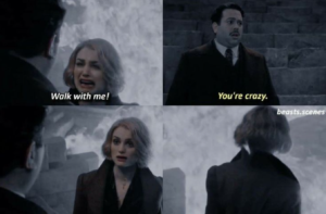 Jacob tells Queenie that she is crazy, and she turns and walks into Grindelwald's fire.