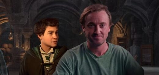 A picture of Tom Felton imposed on a screen featuring the "Hogwarts Legacy" character Sebastian Sallow.