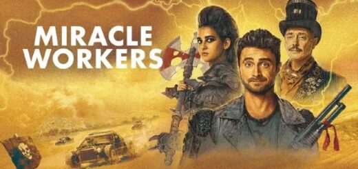 Promotional image for "Miracle Workers: End Times," featuring Daniel Radcliffe, Geraldine Viswanathan, and Steve Buscemi.