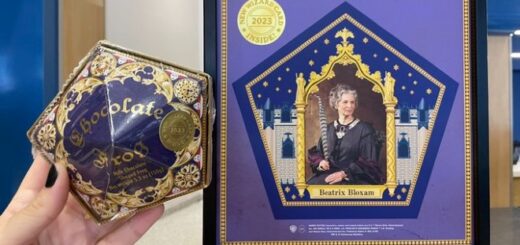 A hand displays a Chocolate Frog box emblazoned with a special gold seal. In the background, a promotional sign informs us that the newest card features Beatrix Bloxam.