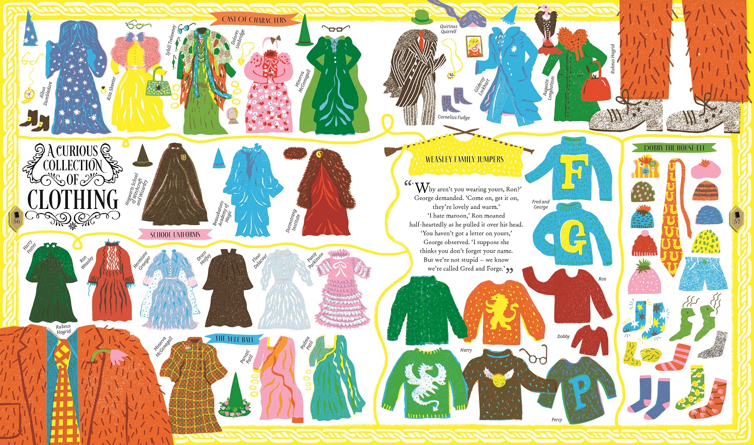 The Harry Potter Wizarding Almanac spread showing various characters' outfits