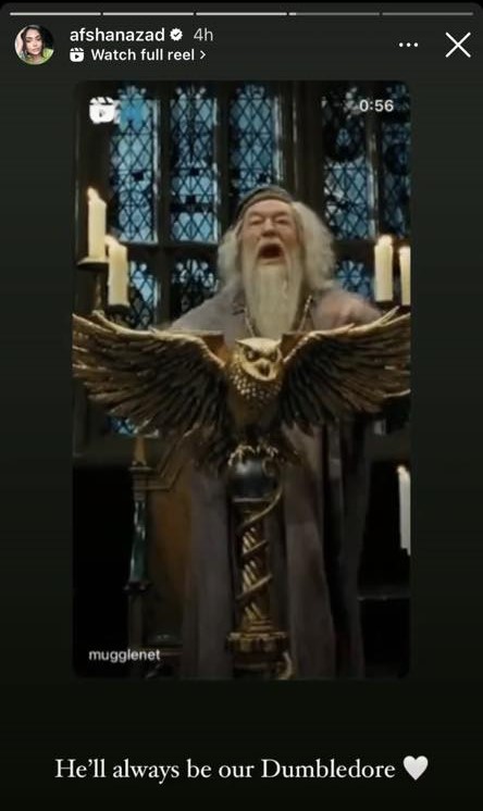 Dumbledore speaking in "Prisoner of Azkaban" from mugglenet Instagram story, reposted by afshanazad with caption "He'll always be our Dumbledore" and heart symbol