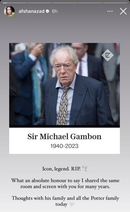 Michael Gambon with caption: "Sir Michael Gambon, 1940-2023," and caption below: "Icon, legend. RIP. What an absolute honour to say I shared the same room and screen with you for many years. Thoughts with his family and all the Potter family today"