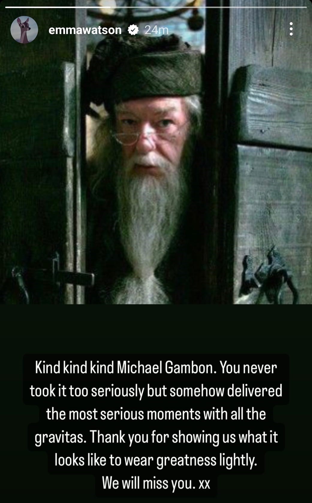 Image of Dumbledore in "Prisoner of Azkban" with caption: "Kind kind kind Michael Gambon. You never took it too seriously but somehow delivered the most serious moments with all the gravitas. Thank you for showing us what it looks like to wear greatness lightly. We will miss you. xx"