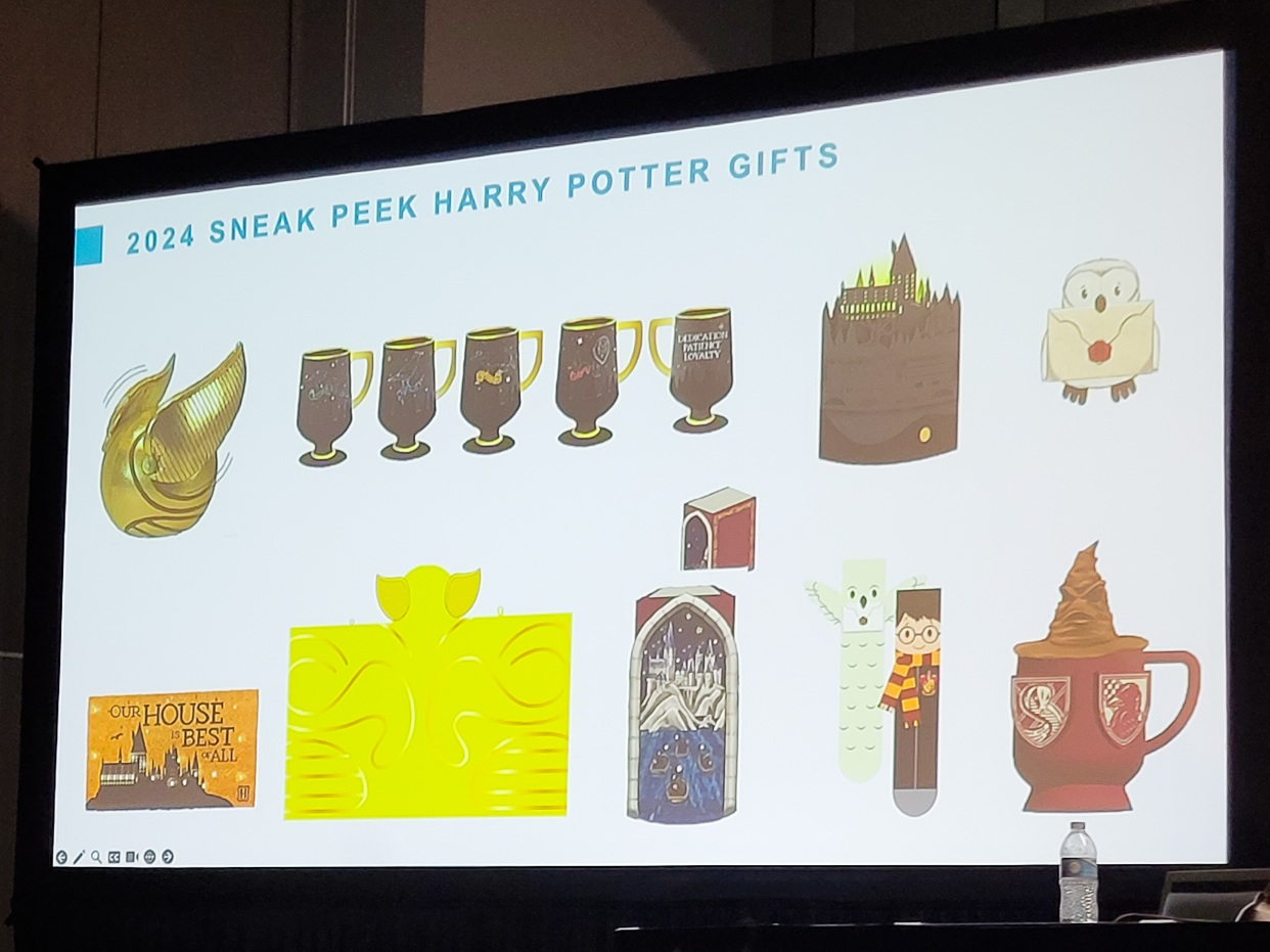 presentation slide showing 2024 sneak peek Harry Potter gifts