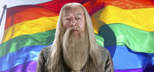 Dumbledore in front of a gay pride flag.