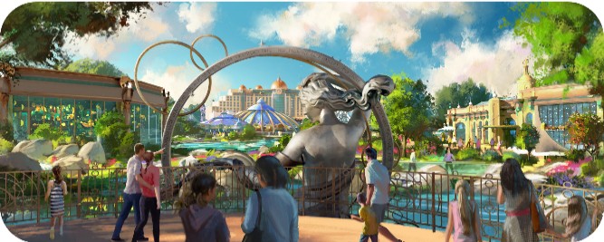 An artist's rendering shows theme park guests walking past a water feature that displays a large statue of a mythological figure.