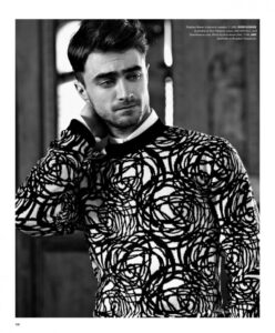 Photo of Daniel Radcliffe wearing a shadow flower crewneck sweater, styled for Essential Homme magazine photoshoot