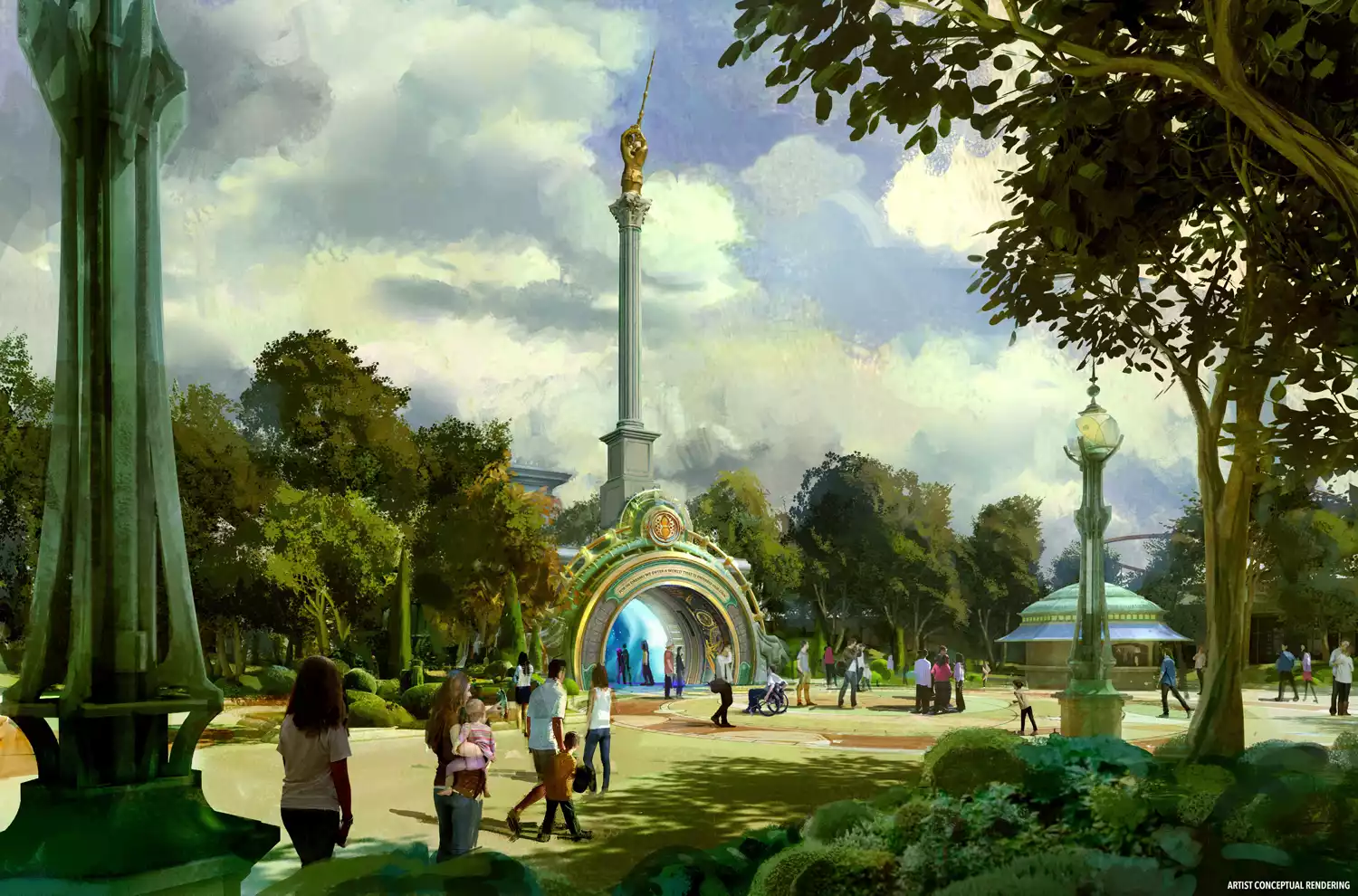 Concept art shows a rounded, portal-style entrance topped with a tall pillar bearing a golden figure holding a wand aloft.