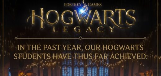 "Hogwarts Legacy" title graphics hover over the text: "in the past year, our Hogwarts students have thus far achieved:" to preface year-end stats for the game.