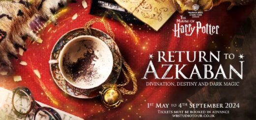 Graphic announcing Studio Tour London's new feature "Return to Azkaban." Beside the text sits a teacup showing the Grim in tea leaves at the bottom. Also featured is a Time Turner, the Marauder's Map, and Professor Trelawney's glasses.