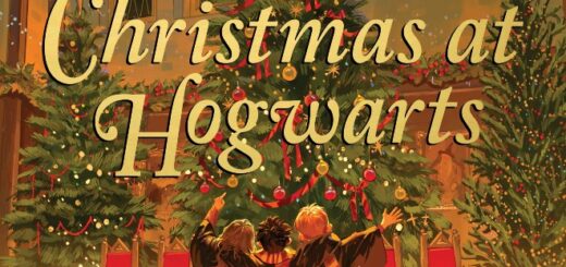 Harry, Ron, and Hermione embrace in front of the Great Hall's Christmas trees on the cover of "Christmas at Hogwarts."