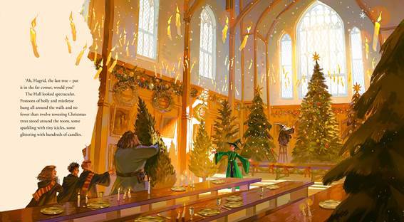 Hagrid carries Christmas trees into the Great Hall with Professor McGonagall's supervision.