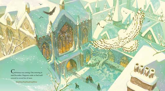 An illustration by Ziyi Gao for "Christmas at Hogwarts." The castle's windows are lit warmly beneath a thick blanket of snow.