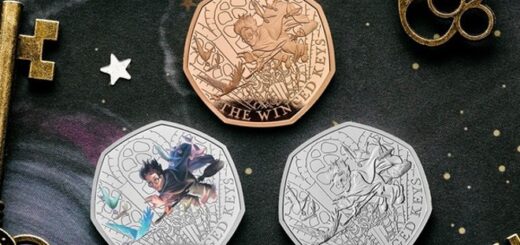 Three new coins from the Royal Mint depict Harry on a broomstick chasing a flying key.
