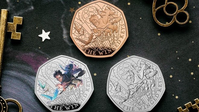 Three new coins from the Royal Mint depict Harry on a broomstick chasing a flying key.