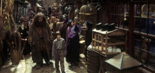 A wide shot of Harry and Hagrid in a crowded Diagon Alley