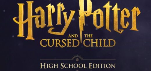 Gold text on a dark blue background announces "Harry Potter and the Cursed Child" High School Edition.