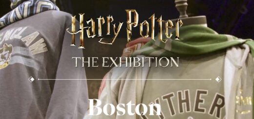 "Harry Potter: The Exhibition" Boston is announced in the foreground. In the background Ravenclaw and Slytherin apparel are on display.