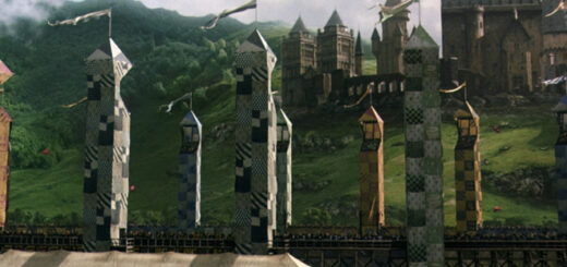 The Hogwarts Quidditch pitch with Hogwarts in the background